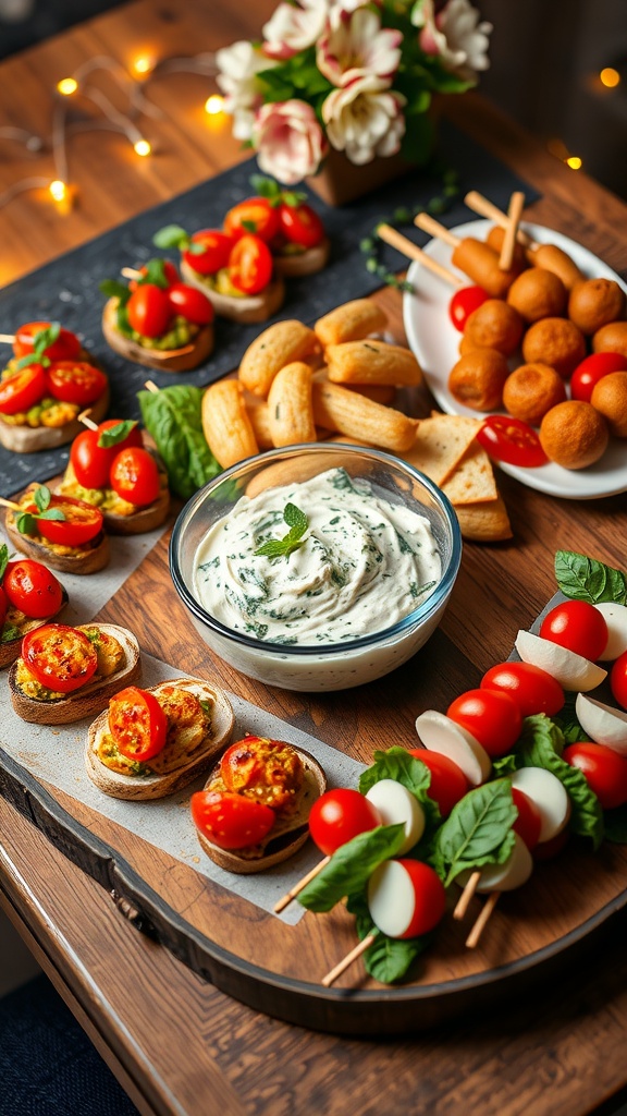 A variety of appetizers including bruschetta, stuffed mushrooms, spinach dip, and Caprese skewers on a wooden table.